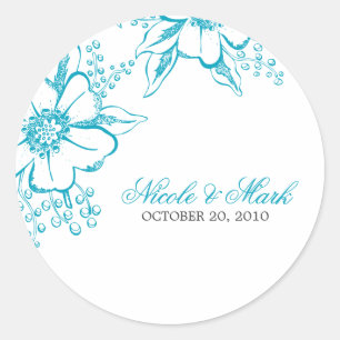 Turquoise Floral Letterpress Style Wedding Ronde Sticker