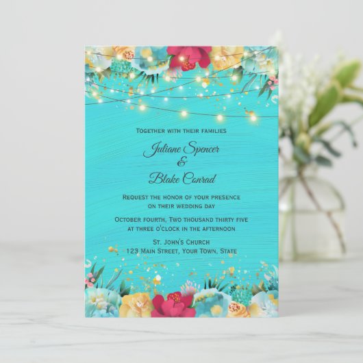 Turquoise Floral met String Lights Kaart (Staand voorkant)