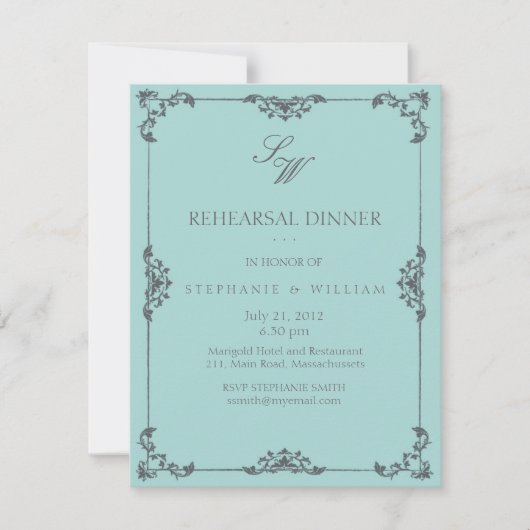 Turquoise Floral Monogram Rehearsal Dinner Kaart (Voorkant)
