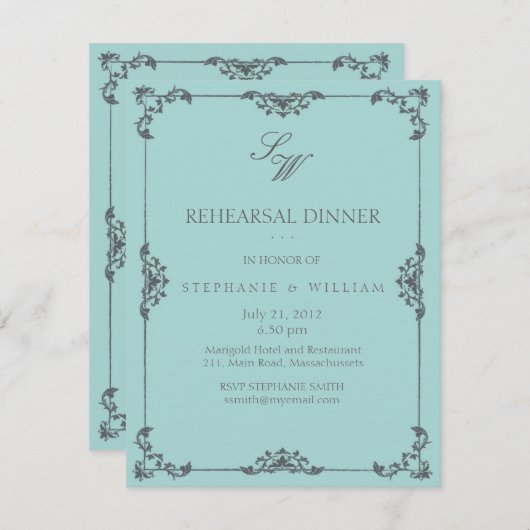 Turquoise Floral Monogram Rehearsal Dinner Kaart (Voorkant / Achterkant)