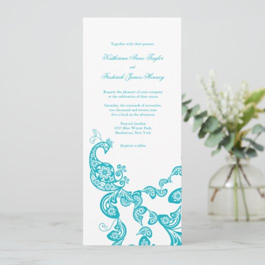 Turquoise Floral Peacock Chic Wedding Invitation 2 Kaart (Staand voorkant)