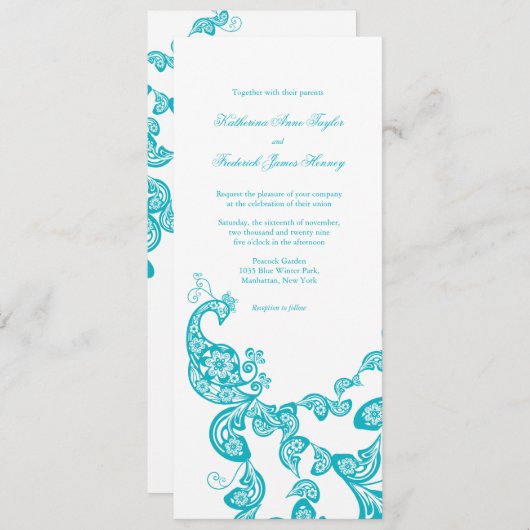 Turquoise Floral Peacock Chic Wedding Invitation 2 Kaart (Voorkant / Achterkant)
