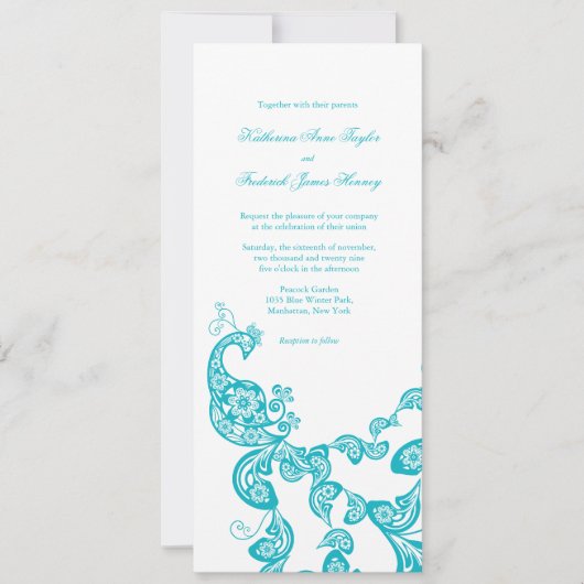 Turquoise Floral Peacock Chic Wedding Invitation 2 Kaart (Voorkant)
