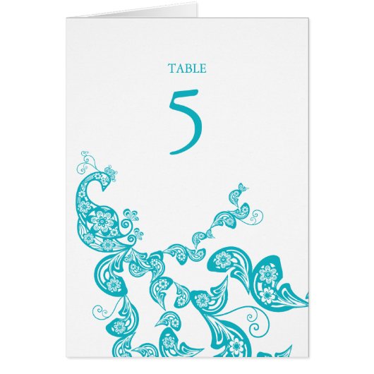 Turquoise Floral Peacock Custom Wedding Table Card (Voorkant)