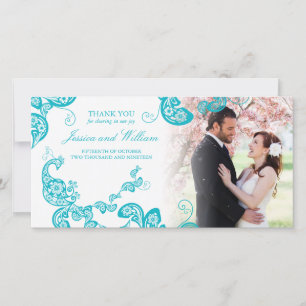 Turquoise Floral Peacock Elegant Photo Wedding Bedankkaart