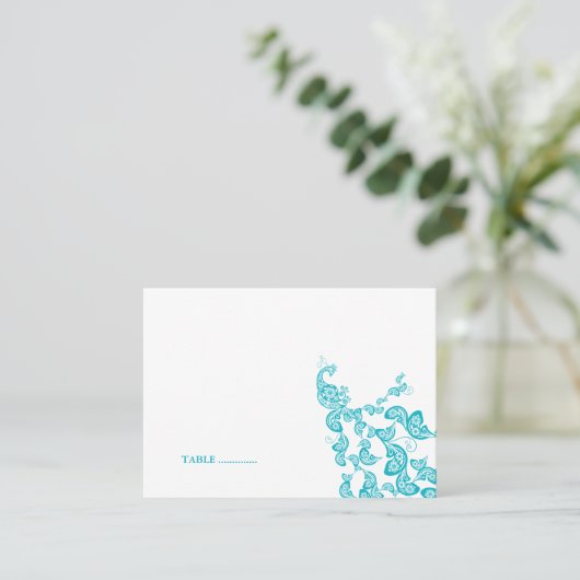 Turquoise Floral Peacock (R) Custom Place Card Plaatskaartje (Staand voorkant)