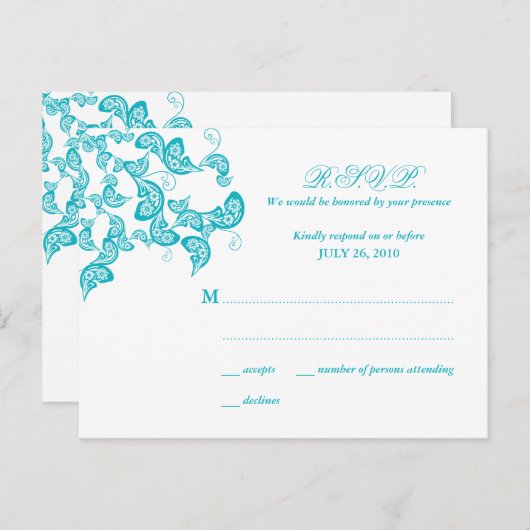 Turquoise Floral Peacock Reply / RSVP Briefkaart (Voorkant / Achterkant)