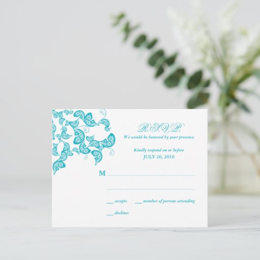 Turquoise Floral Peacock Reply / RSVP Briefkaart (Staand voorkant)