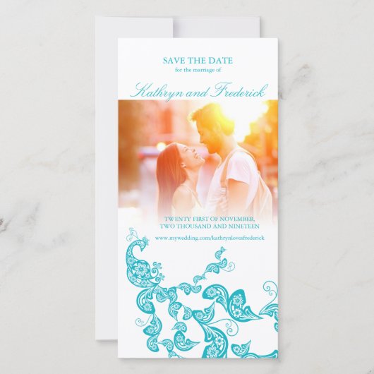 Turquoise Floral Peacock Save the Date Photo Card (Voorkant)