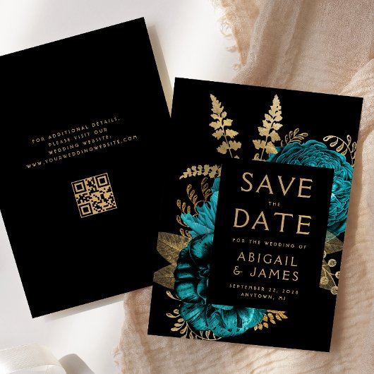 Turquoise Floral QR Code Wedding Sla de datum op Kaart