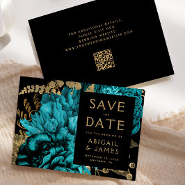 Turquoise Floral QR Code Wedding Sla de datum op Kaart