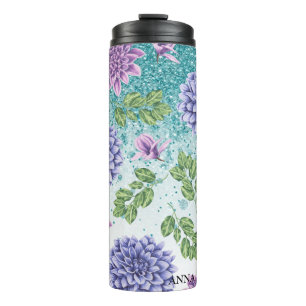 *~* Turquoise Floral Succulent Glitter Girly Thermosbeker