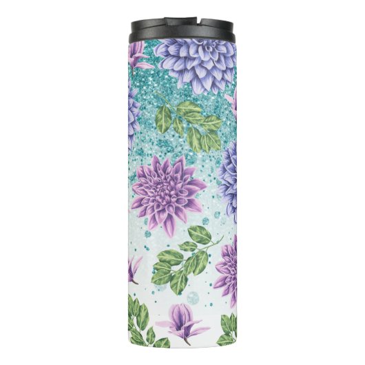 *~* Turquoise Floral Succulent Glitter Girly Thermosbeker (Achterkant)