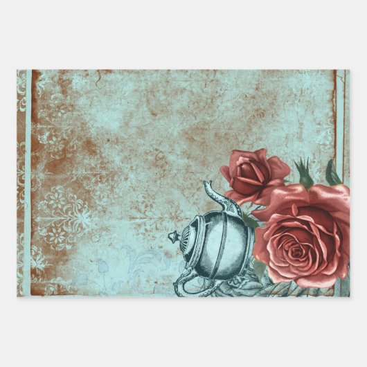 Turquoise Floral Teapot Inpakpapier Vel (Voorkant)