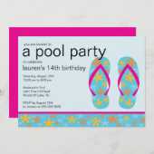 Turquoise Floral Teenslippers Pool Party Invitatio Kaart (Voorkant / Achterkant)