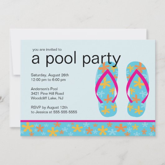 Turquoise Floral Teenslippers Pool Party Invitatio Kaart (Voorkant)