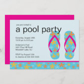 Turquoise Floral Teenslippers Pool Party Invitatio Kaart (Voorkant / Achterkant)