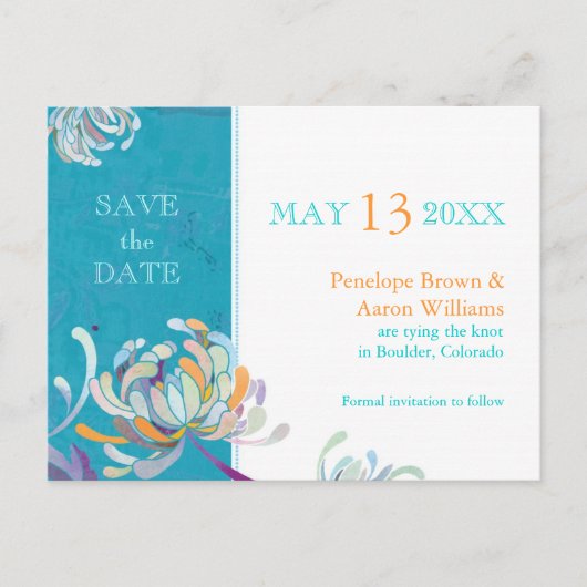 Turquoise Floral Wedding Save the Date Aankondigingskaart (Voorkant)