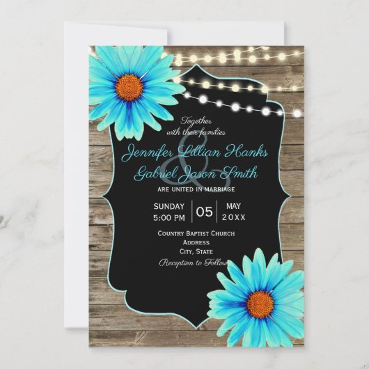 Turquoise floral wood string van het lichtbruiloft kaart (Voorkant)