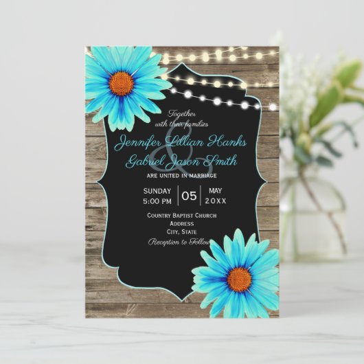 Turquoise floral wood string van het lichtbruiloft kaart (Staand voorkant)