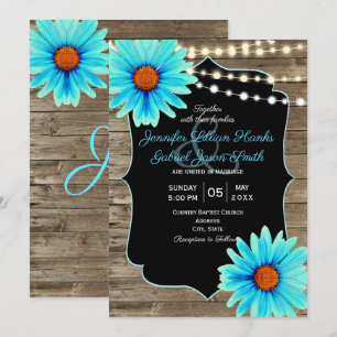 Turquoise floral wood string van het lichtbruiloft kaart