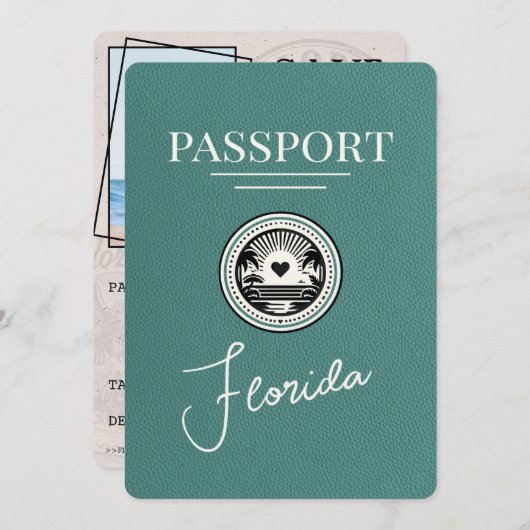 Turquoise Florida Passport Bewaar de datum Save The Date (Voorkant / Achterkant)