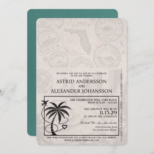 Turquoise Florida Passport bruiloft uitnodiging (Voorkant / Achterkant)