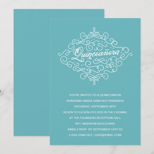 Turquoise Flourish Quinceanera Party Kaart (Voorkant / Achterkant)