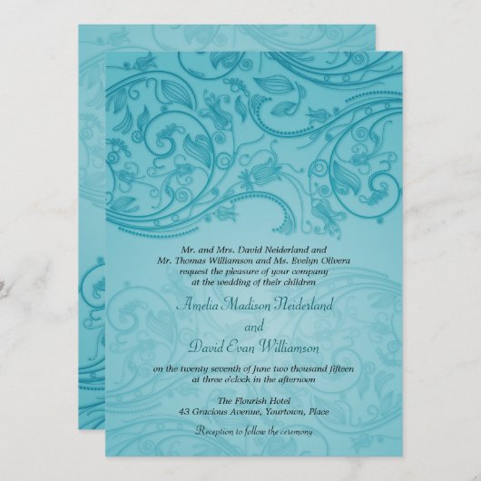 Turquoise Flourish Wedding Invitation Kaart (Voorkant / Achterkant)