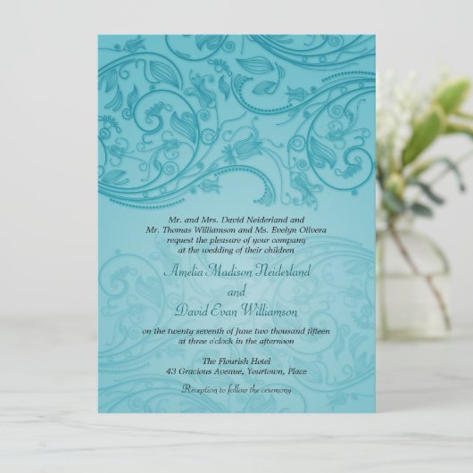 Turquoise Flourish Wedding Invitation Kaart (Staand voorkant)