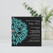 Turquoise Flower on Black Bridal Shower Invitation Kaart (Staand voorkant)