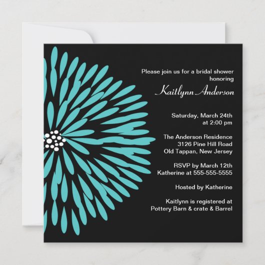 Turquoise Flower on Black Bridal Shower Invitation Kaart (Voorkant)
