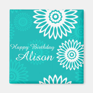 Turquoise flowers Happy Birthday Name Magnet