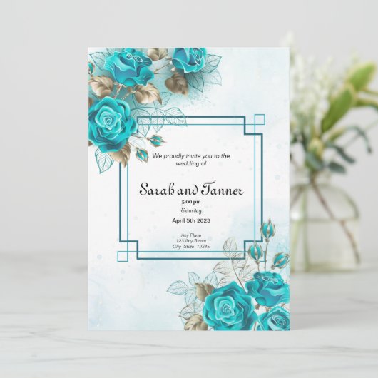 Turquoise Flowers Wedding Invitation Kaart (Staand voorkant)