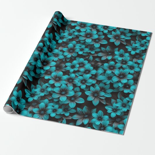 Turquoise Flowers Wrapping Paper Cadeaupapier (Uitgerold)