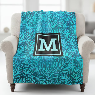 Turquoise foliage verlaat patroon modern monogram fleece deken