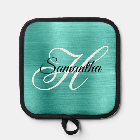 Turquoise Folie Fancy Monogram Pannenlap (Voorkant)