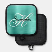 Turquoise Folie Fancy Monogram Pannenlap (Voorkant / Achterkant)