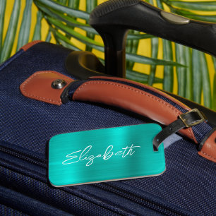 Turquoise Folie Moderne Borstel Schrift Voornaam Bagagelabel