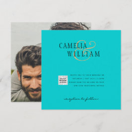 Turquoise Foto Huwelijksuitnodiging QR Code Bewaar