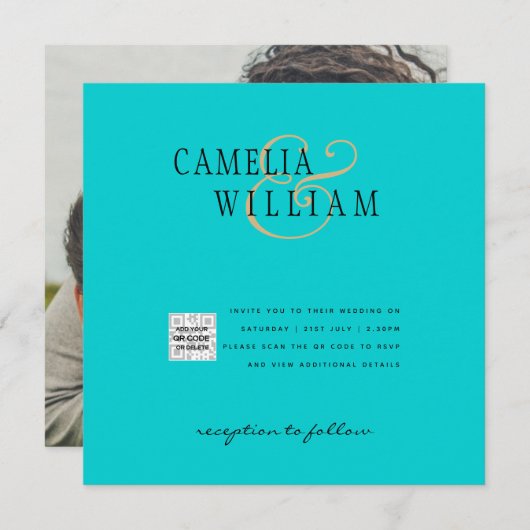 Turquoise Foto Huwelijksuitnodiging QR Code Bewaar (Voorkant / Achterkant)
