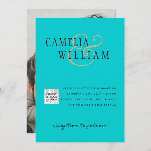 Turquoise Foto Huwelijksuitnodiging QR Code Bewaar Kaart (Voorkant / Achterkant)