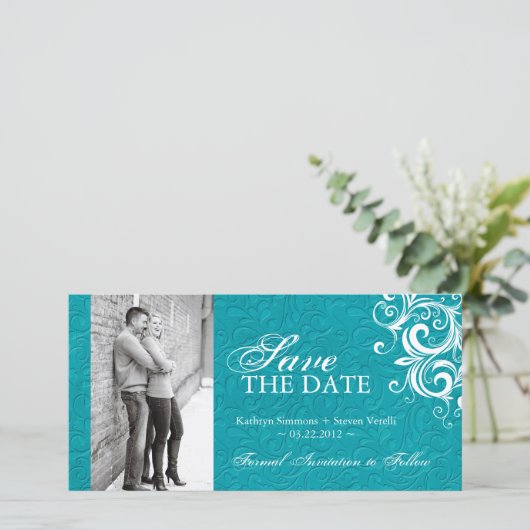 Turquoise foto Opslaan van de datum uitnodiging (Staand voorkant)