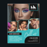 Turquoise Fotocollage Logo QR Make-up Promotie Flyer<br><div class="desc">Dubbelzijdige flyer voor een make-upkunstenaar, nagelkunstenaar, haarstylist of soortgelijk beroep waar u uw werk moet laten zien in een retro fotocollage met turquoise randen en turquoise achtergrond. Personaliseer met je logo en op de achterkant een extra foto en je QR code met je social media handvat. Retro fotocollage promotieflyer voor...</div>