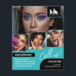 Turquoise Fotocollage Logo QR Make-up Promotie Flyer<br><div class="desc">Dubbelzijdige flyer voor een make-upkunstenaar, nagelkunstenaar, haarstylist of soortgelijk beroep waar u uw werk moet laten zien in een retro fotocollage met turquoise randen en turquoise achtergrond. Personaliseer met je logo en op de achterkant een extra foto en je QR code met je social media handvat. Retro fotocollage promotieflyer voor...</div>