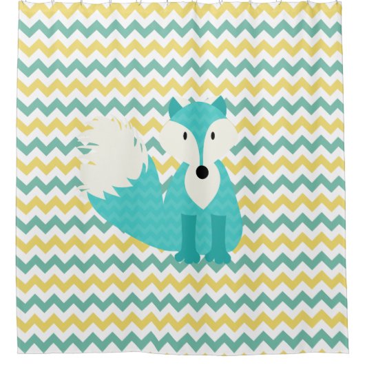 Turquoise Fox op Blauwgroen en gele Chevron Stripe Douchegordijn (Voorkant)