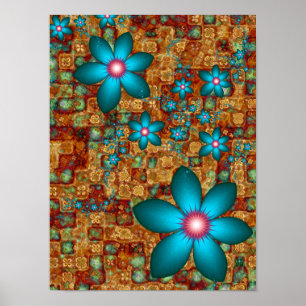Turquoise Fractale Bloemen Poster