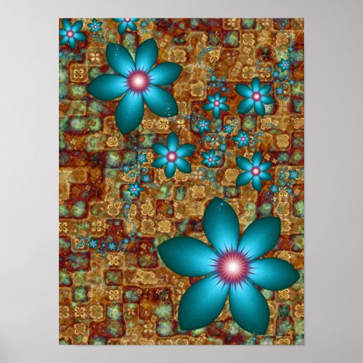 Turquoise Fractale Bloemen Poster (Voorkant)