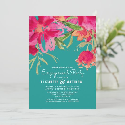 Turquoise Fuchsia Bloemensymbool Verlovingsfeest Kaart (Staand voorkant)