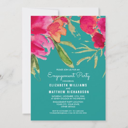 Turquoise Fuchsia Floral Engagement Kaart (Voorkant)
